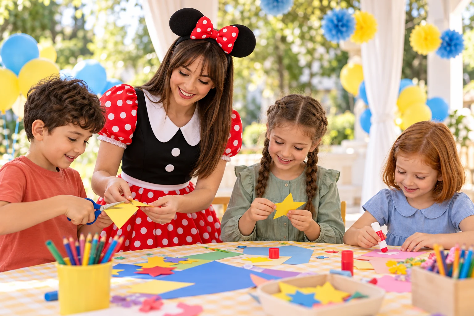 Animator în costumul Rochiță Minnie Mouse, la un atelier creativ cu hârtie și culori, împreună cu copiii.