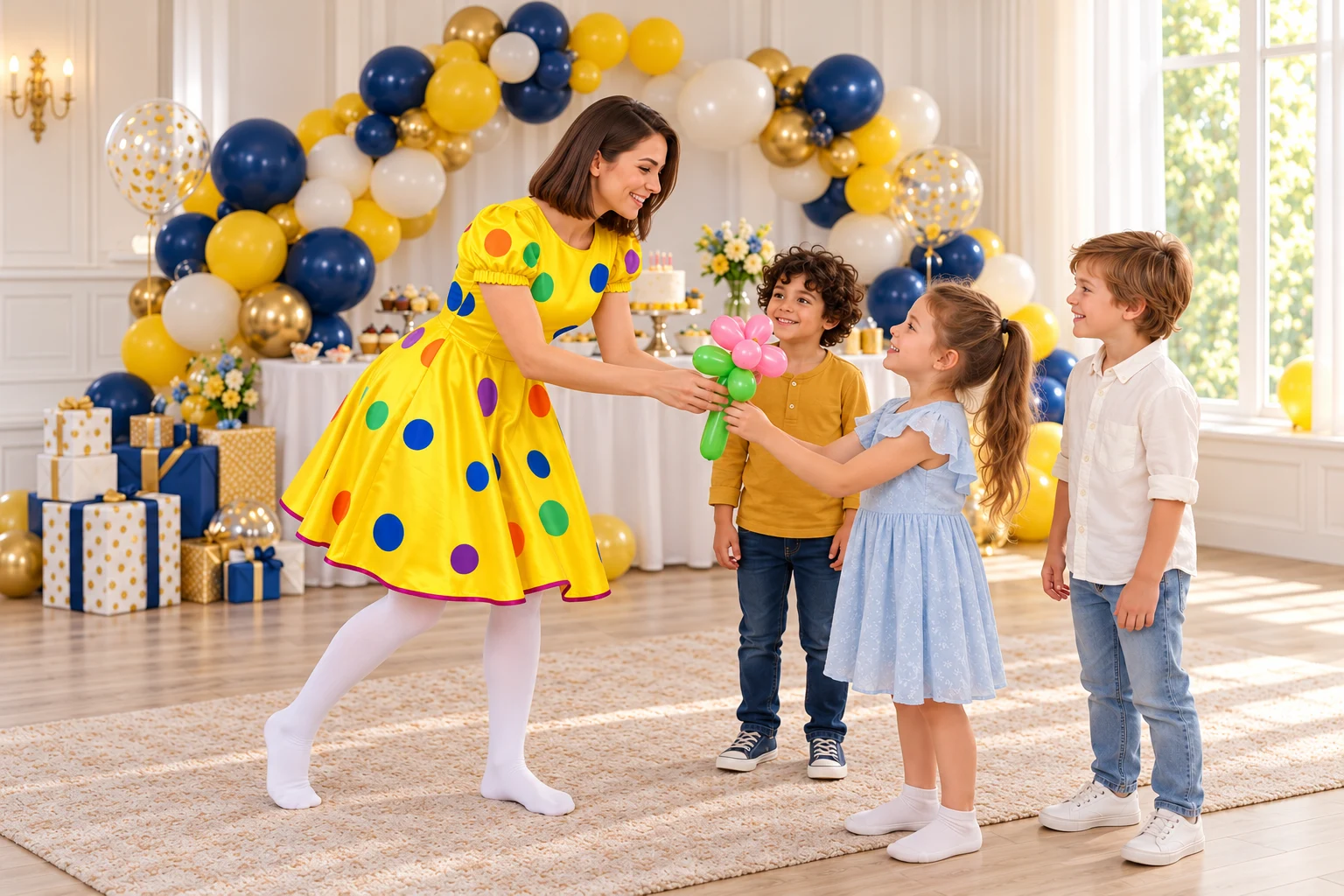 Animatoare în rochie galbenă cu buline multicolore și dresuri albe, la o activitate cu o floare modelată din baloane.