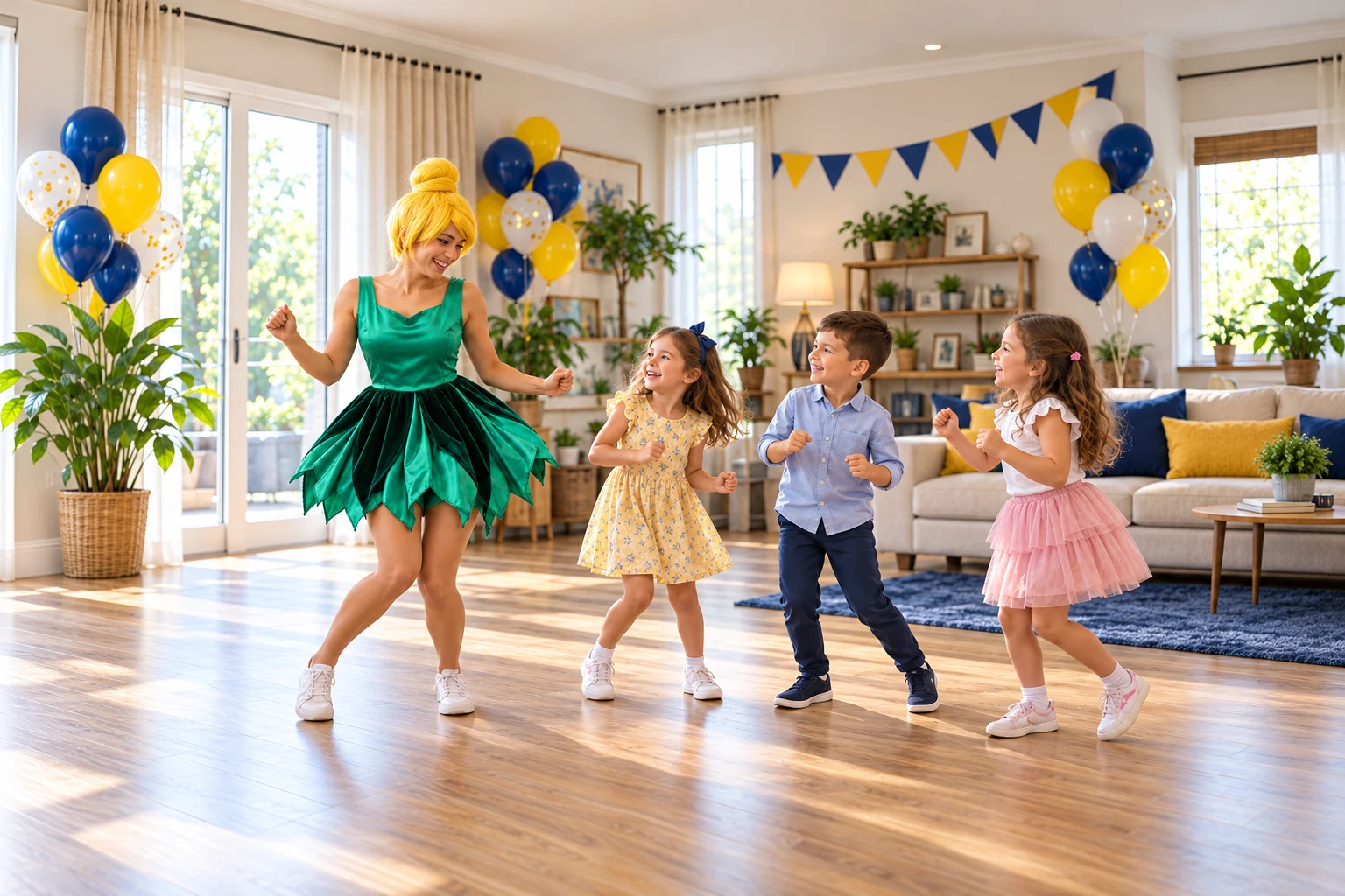 Animator în costumul Clopoțica (Tinkerbell), conducând un dans împreună cu copiii.