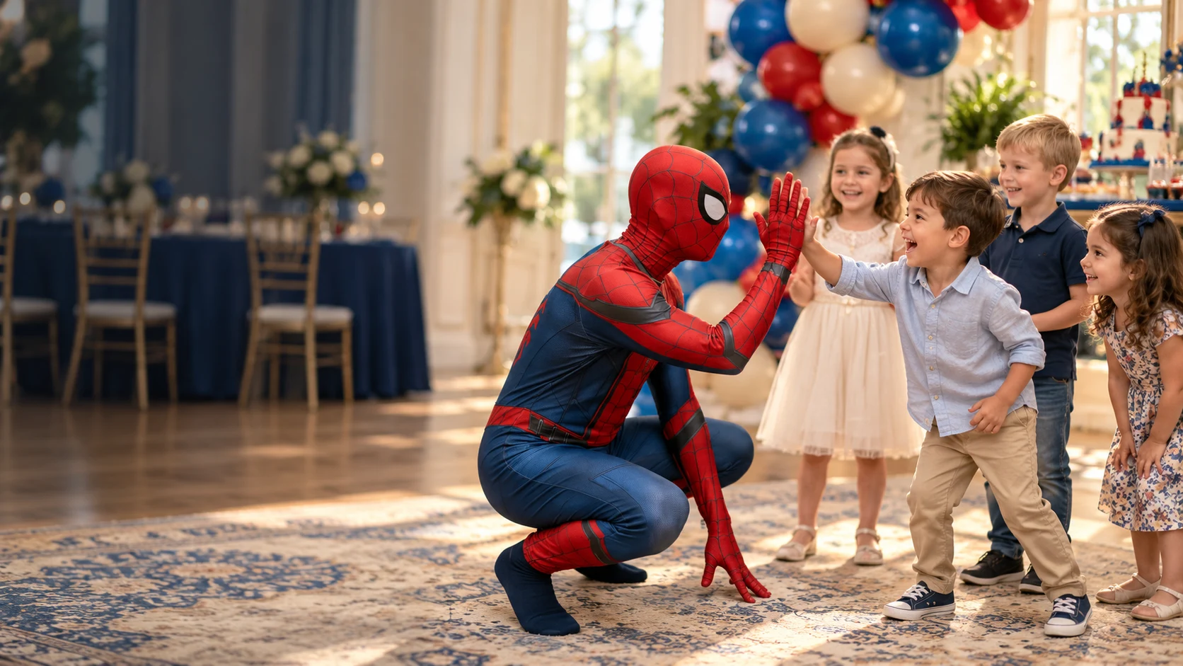 Animator în costum Spider-Man la un joc cu copiii, într-un decor albastru, crem și roșu.